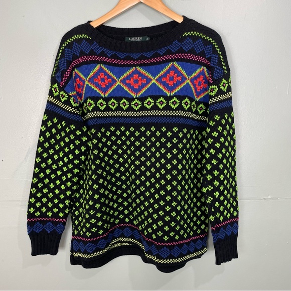 Lauren Ralph Lauren Knit Cardigan Pullover Neon Colors All Over Print Size Large